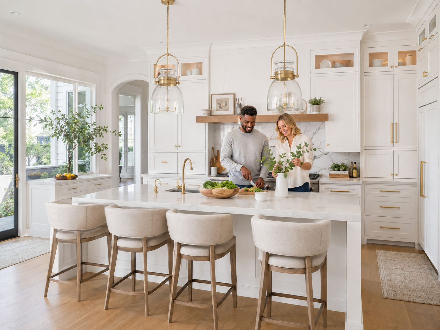 Bright white kitchen with marble island and gold pendant lighting by Route 50 Flooring and Cabinets